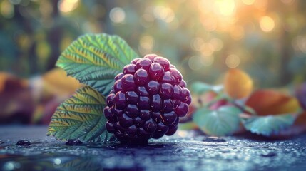 a blackberry with leaves on a wet surface