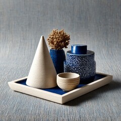 Still Life with Ceramic Objects: Cone, Blue Vases, Small Bowl, and Dried Flowers Arranged on a Tray.