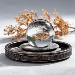 Still Life with Crystal Ball, Stones, Tray, and Dried Plant: A Study in Texture and Transparency