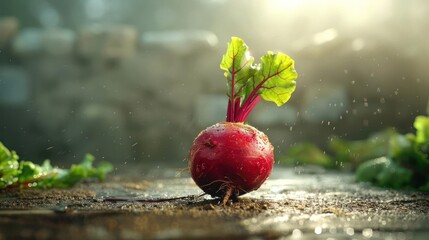 A close-up of a beetroot with leaves on top.