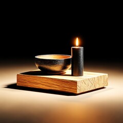Still Life with Candle and Bowl on Wooden Platform: A Study in Light and Shadow