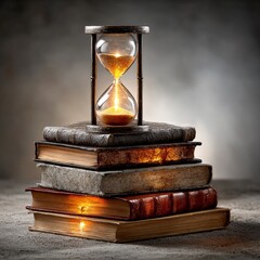Time and Knowledge: An Hourglass atop Stacked Antique Books Represents the Fleeting Nature of Wisdom and Education