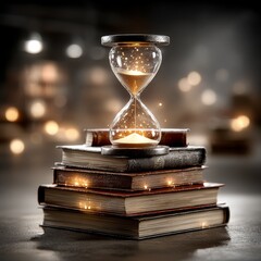 Time and Knowledge: An Hourglass with Sparkling Grains Resting on a Stack of Old Books, Emphasizing the Value of Learning.