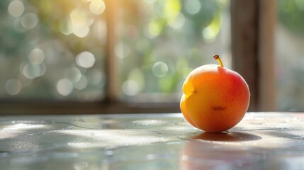 A ripe peach is sitting on a table.