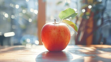 A red apple with a leaf on top of a table