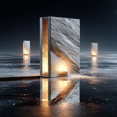 Stone Lanterns: Candles Glowing Inside Textured Pillars Reflected on a Wet, Dark Surface