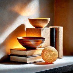 Warm Illumination: Still Life with Wooden Bowls, Books, and Textured Sphere, Bathed in Soft Light and Shadow