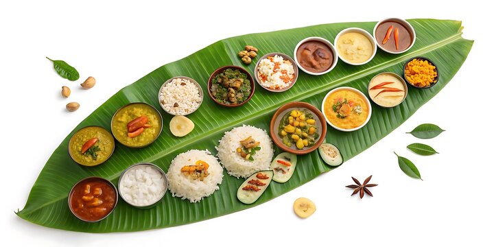 Onam Sadhya: A Visual Feast of Kerala's Traditional Cuisine - Authentic South Indian Vegetarian Platter on Banana Leaf AI generated