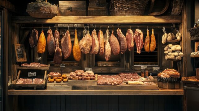 Rustic butcher shop interior with various cuts of meat hanging and displayed on wooden shelves and crates.