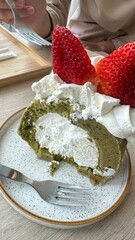 Strawberry matcha cream cake for one bite