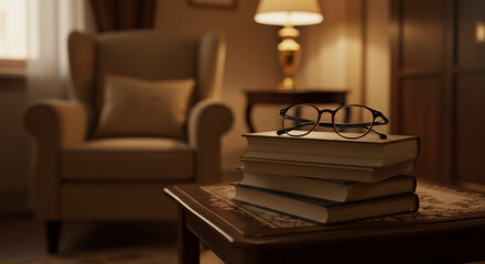 Stacked Books with Eyeglasses in Cozy Room with Armchair and Warm Lighting