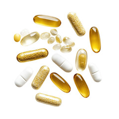 Assorted pills and capsules isolated on transparent background