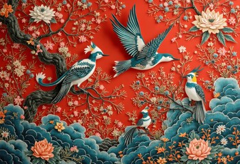 Red background bird art illustration