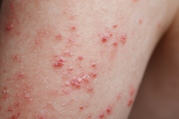 Fototapeta premium Close-up of Skin with Multiple Small Red Bumps and Papules - Medical Illustration for Chickenpox, Eczema, or Other Skin Conditions