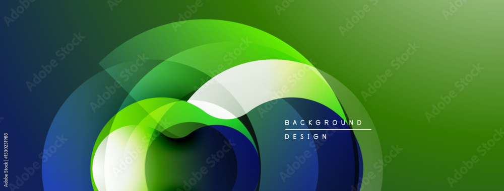 Poster abstract design features overlapping circles, gradients. green, blue hues dominate composition. mode