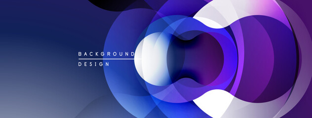 Abstract design features overlapping circles, gradients. Purple, blue hues dominate composition. Modern aesthetic, clean lines present.