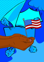 Cartoon, comic book human hands holding American Flag. Retro vector comics pop art design.