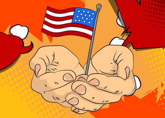 Cartoon, comic book human hands holding American Flag. Retro vector comics pop art design.