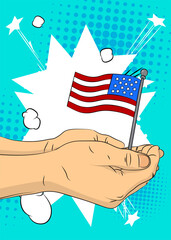Cartoon, comic book human hands holding American Flag. Retro vector comics pop art design.