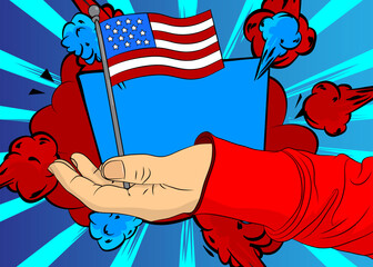 Cartoon, comic book human hands holding American Flag. Retro vector comics pop art design.