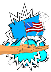 Cartoon, comic book human hands holding American Flag. Retro vector comics pop art design.