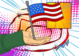 Cartoon, comic book human hands holding American Flag. Retro vector comics pop art design.