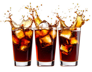 Refreshing Cola Drinks Splashing in Three Glasses, Isolated PNG