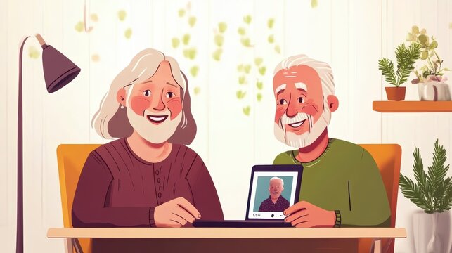 Happy senior couple video chatting with family member on tablet at home. - Powered by Adobe
