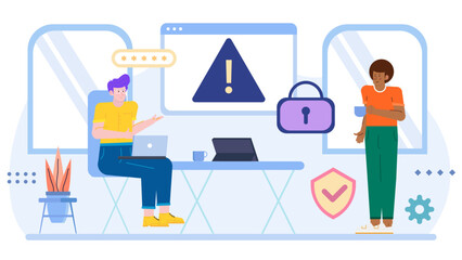 Two people addressing security and privacy concerns; suitable for cybersecurity, privacy protection, data security, teamwork concept designs, and technologythemed projects.