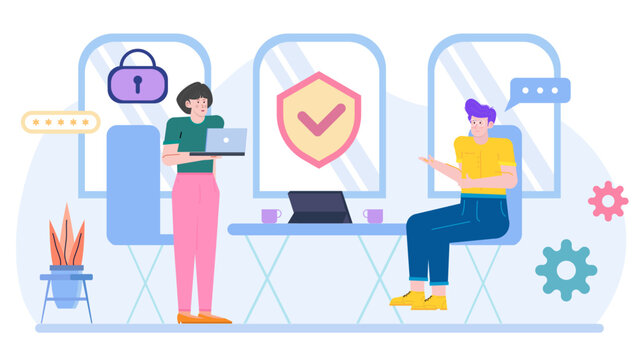 Two people discussing online security, suitable for cybersecurity blog posts, internet safety articles, digital privacy websites, or online security concepts.