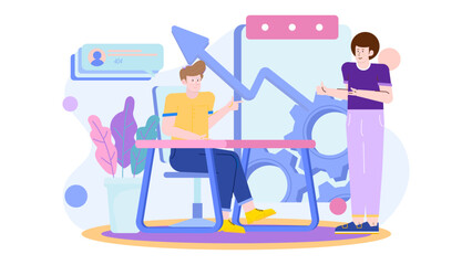 Two people conversing near a desk with a plant, suitable for office settings, business discussions, corporate presentations, and workplace concepts.