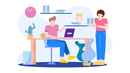 Two people collaborating in a modern office. Ideal for business, teamwork, co-working, entrepreneur concepts in design projects, websites, and presentations.