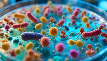 Colorful Microbes in Petri Dish.Bacteria and Viruses Growth in Lab.
Microbial Diversity in Culture.Lab Research: Microscopic World.Pathogens and Probiotics: Petri Dish View.