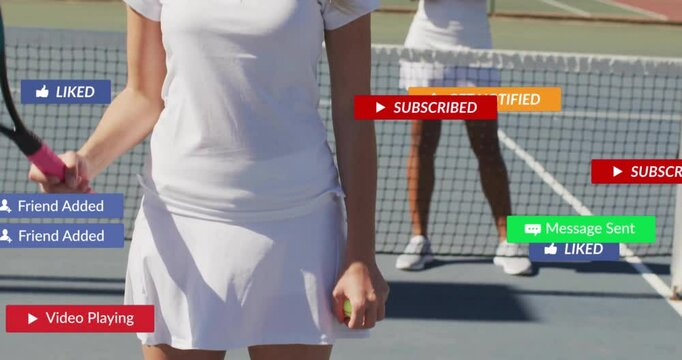 Female tennis player bouncing and activating social icons promoting subscribe revealing opponent
