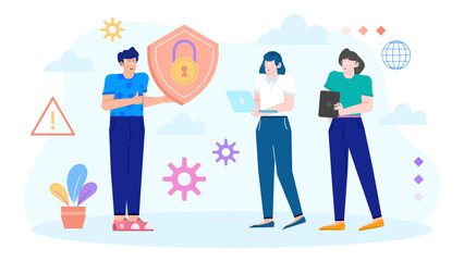 Three people discussing security with a shield and a lock, perfect for cybersecurity concepts, business discussions, and data protection designs.