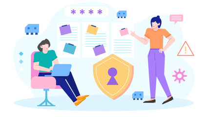 Two women discuss data security. Suitable for technology, cybersecurity, business concepts. Meeting, conversation, discussion, diversity, teamwork.