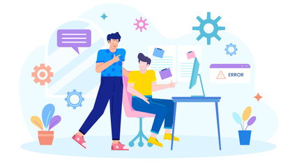 Two men fixing computer error. Suitable for technology blogs, IT service advertisements, troubleshooting articles, and cybersecurity presentations.