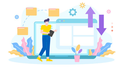 Man works on laptop with folders and arrows. Suitable for business, technology, work, productivity, organization, and digital concepts.