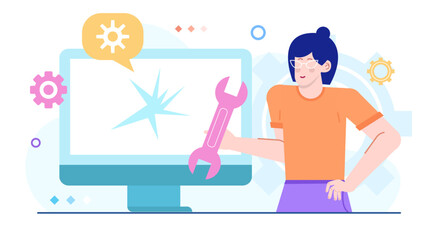 Portrait of a woman with vibrant blue hair adjusting a computer screen. Ideal for tech related blogs, websites, or social media.