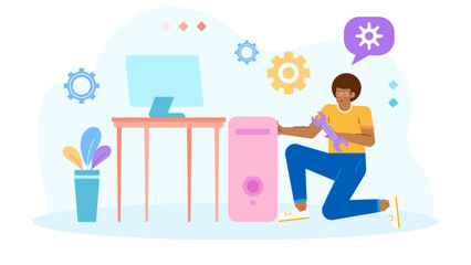 Man fixing a computer for tech support, IT services, troubleshooting, repair tutorials, online courses, computer maintenance tips, and software workshops.
