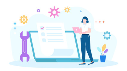 Woman checking a list on a laptop, suitable for business, organization, productivity, online work, technology, planning, remote work.