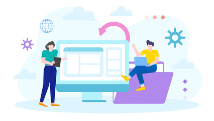 Two people collaborating on a website design project. Suitable for technology, web development, teamwork, business, marketing, and creative concepts.