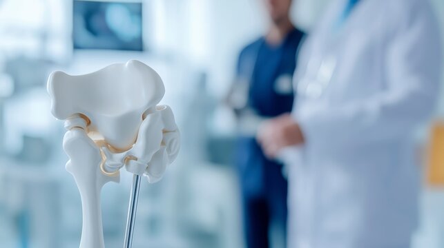 Close-up of anatomical model of human ankle joint in a medical setting, with blurred doctors in the background.
