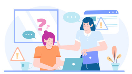 Two women working on laptops, accompanied by a plant and teacup, ideal for illustrating remote work, productivity, and collaboration concepts.