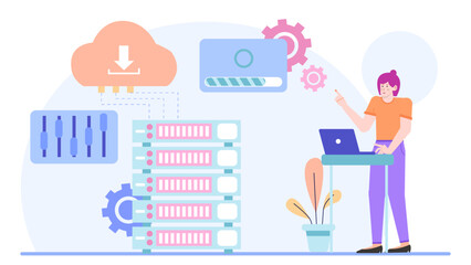 Woman working with cloud storage and servers suitable for technology companies, data centers, cybersecurity firms, IT services, and cloud computing.