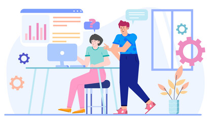 Woman working at computer while man looks on. Suitable for corporate, teamwork, tech, office, collaboration, co-working, digital work projects.