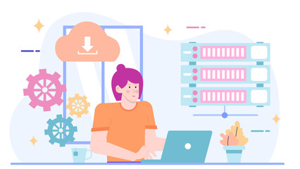 Woman uses a laptop to download files from a server. Suitable for technology, internet, cybersecurity, data management, and networking concepts.