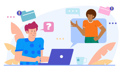 Man on a video call using a laptop. Suitable for virtual meeting concepts, remote work themes, technology presentations, online communication graphics.