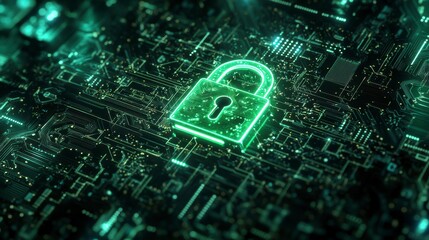 Fototapeta premium Glowing green padlock icon on a circuit board, representing digital security and data protection.