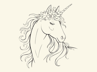 Floral Unicorn Head Illustration with Intricate Flowers and Leaves for Fantasy and Whimsical Themes